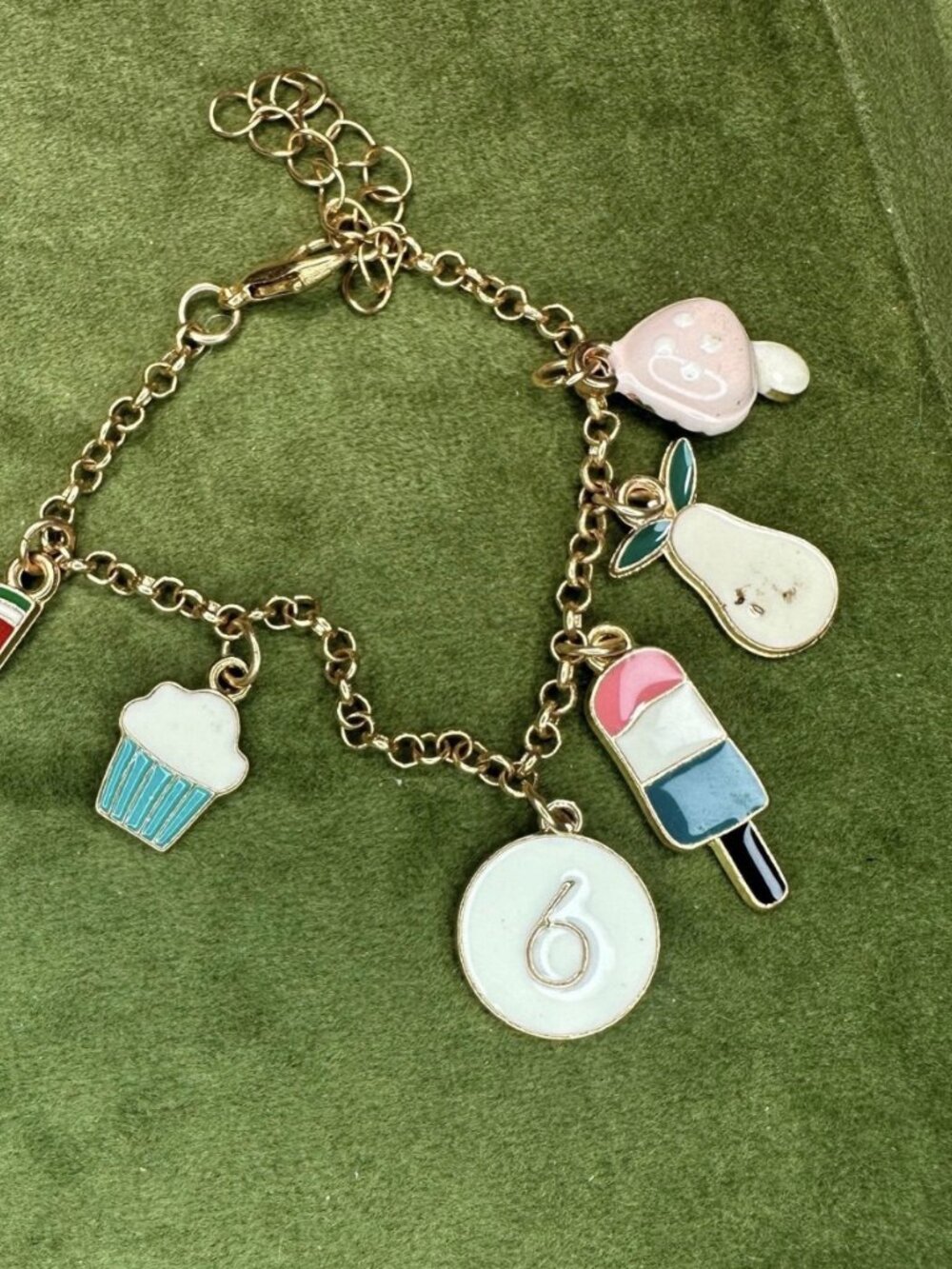 Sweets Dessert Charm Bracelet Gold Tone Enamel Watermelon Cupcake